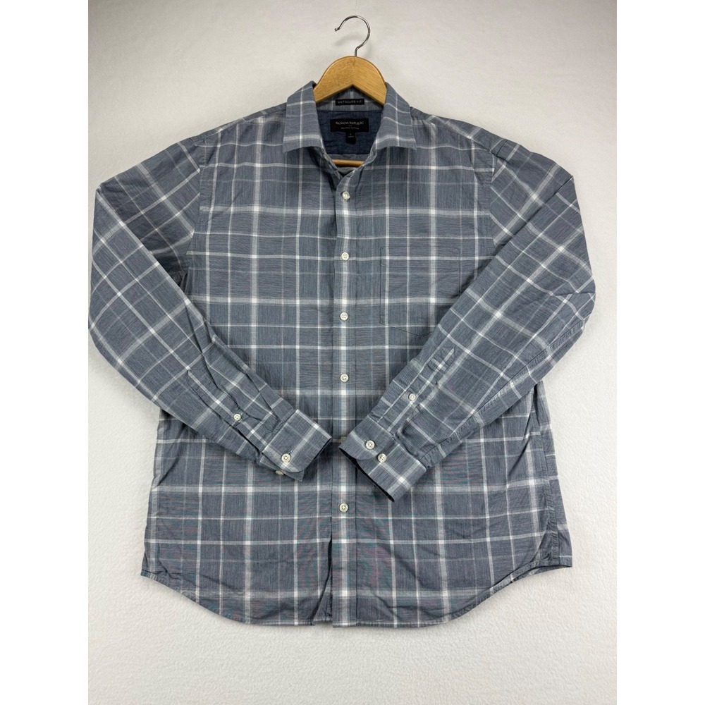 Banana Republic Shirt Mens Large Blue Plaid Organic Cotton Untucked Fit LS